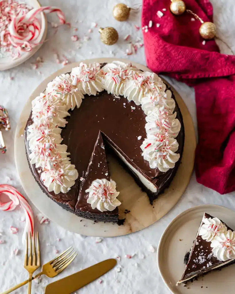 Peppermint Bark Cheesecake 1 Peppermint bark cheesecake with chocolate ganache and whipped cream on a holiday table