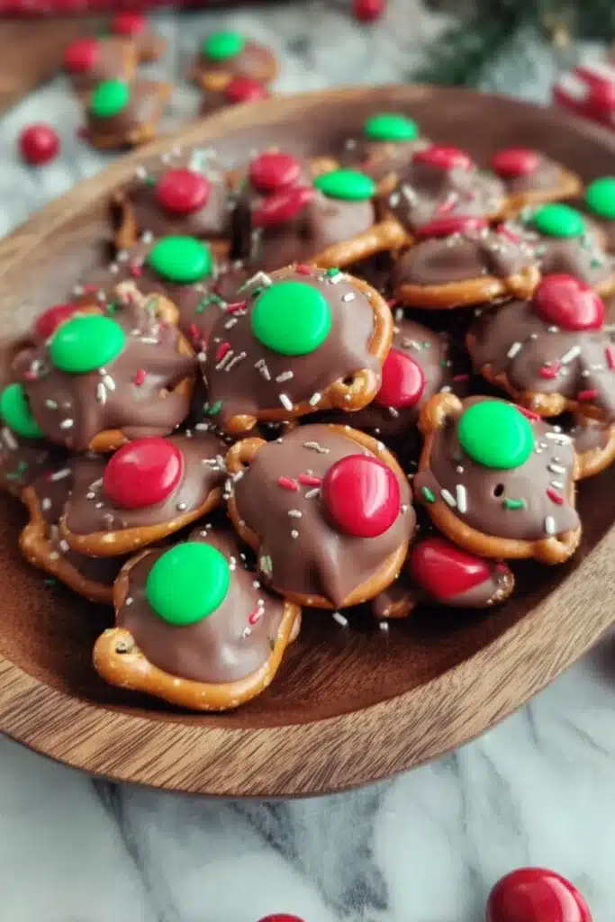 Festive Pretzel Rolo Treats with red and green M&Ms in a wooden bowl