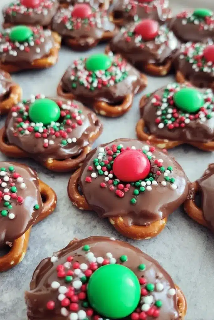 Christmas Pretzel Rolo Treats topped with red and green M&Ms and sprinkles