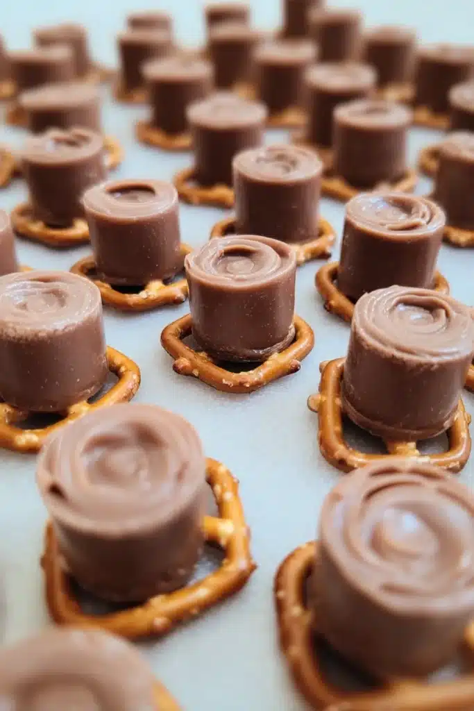 Unbaked Pretzel Rolo Treats arranged on square pretzels before baking