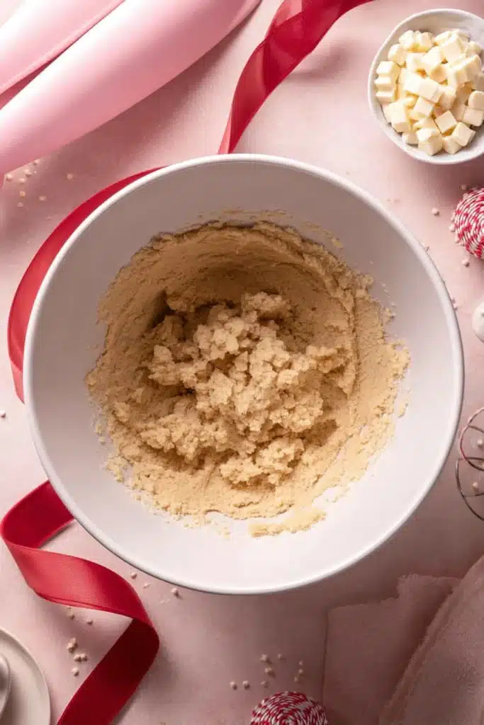 Creamed cookie dough in a white bowl for red velvet cookies recipe