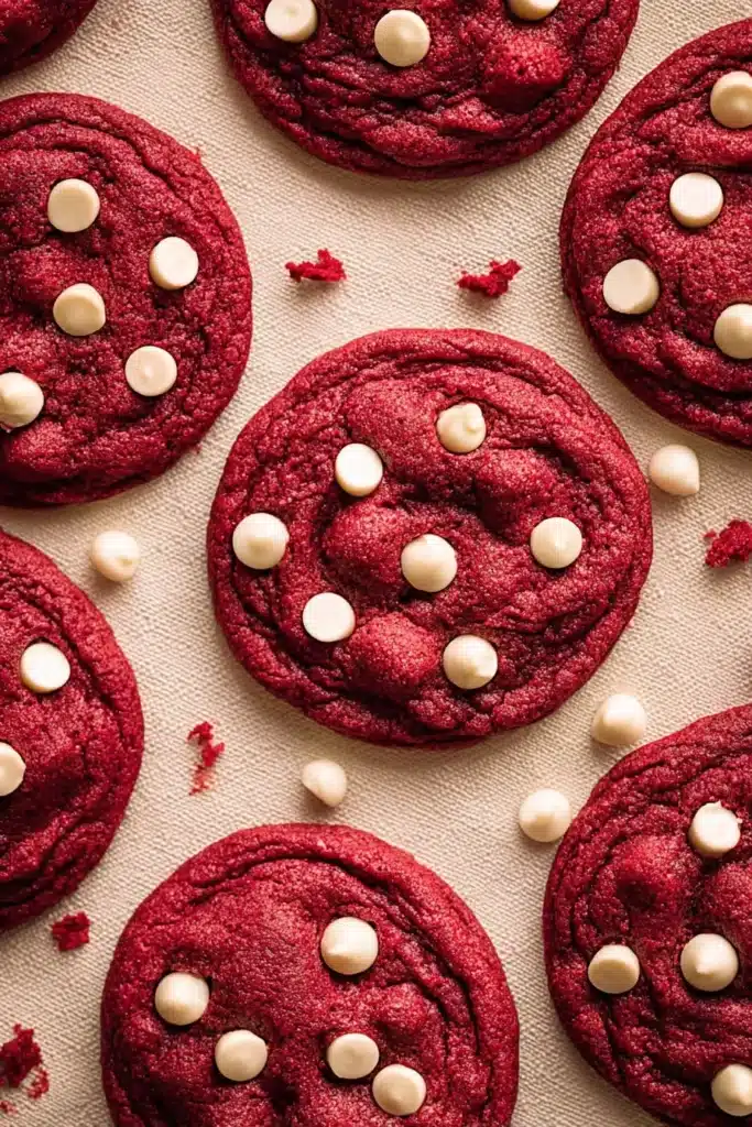 Red velvet cookies with white chocolate chips on a beige surface