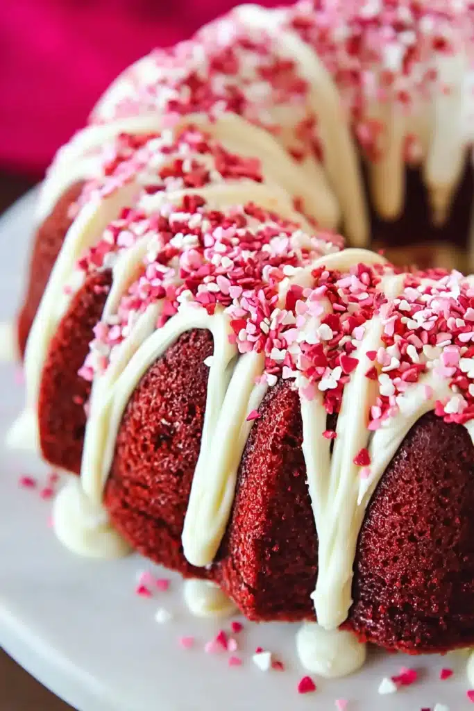 Red velvet cream cheese bundt cake with white icing drizzle and pink heart sprinkles for Valentine’s Day