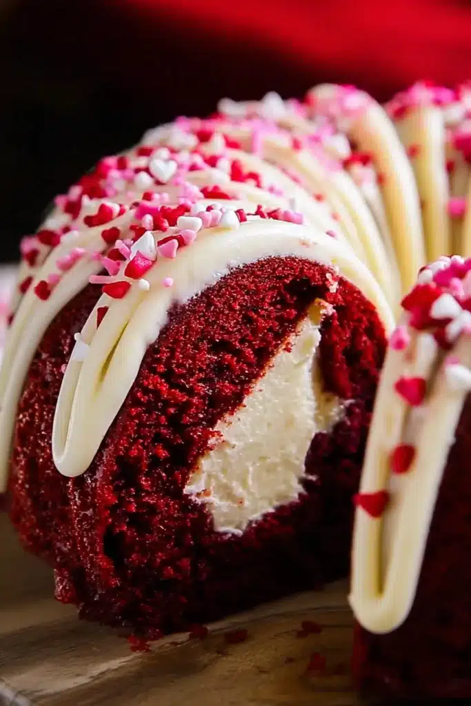 Red Velvet Cream Cheese Bundt Cake with visible cream cheese swirl and icing drizzle