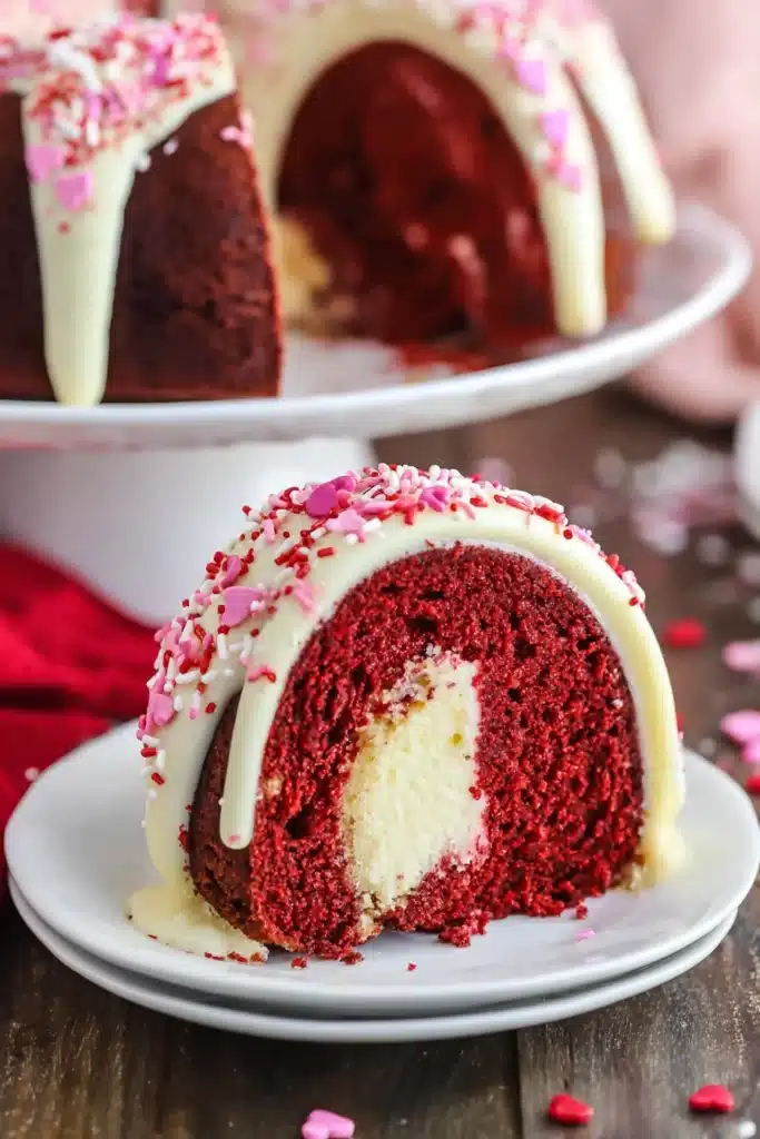 Red Velvet Cream Cheese Bundt Cake slice with creamy cheesecake center and white icing