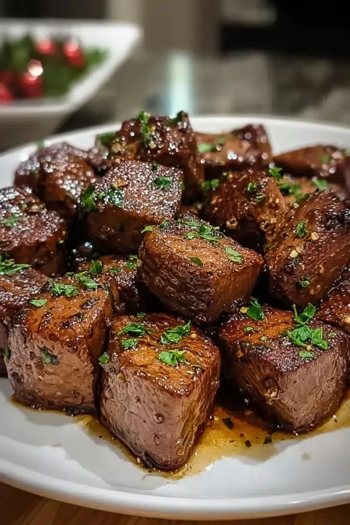 Juicy Roadhouse steak bites with parsley on a white plate