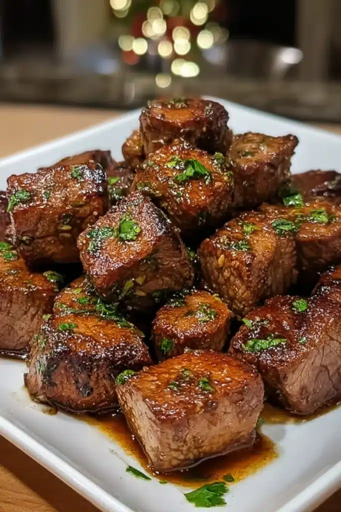 Juicy Roadhouse steak bites with garlic butter glaze and parsley