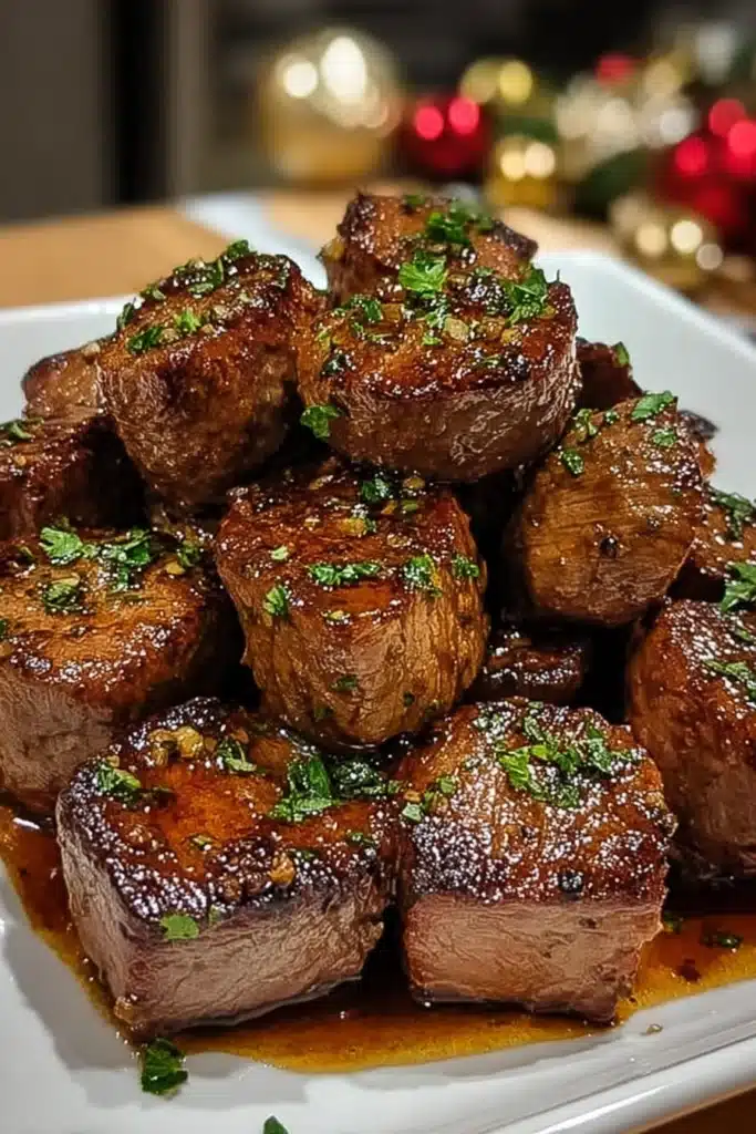 Juicy Roadhouse steak bites seared to golden brown on a white plate