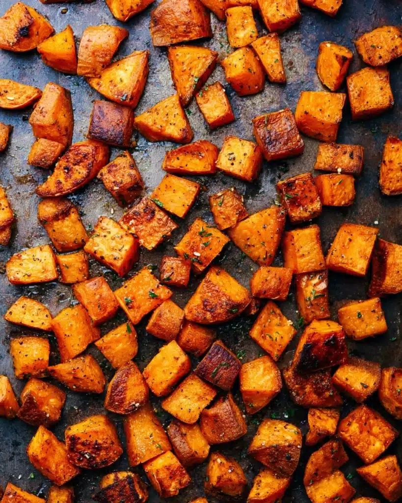 Crispy roasted sweet potato cubes on a baking sheet with golden caramelized edges