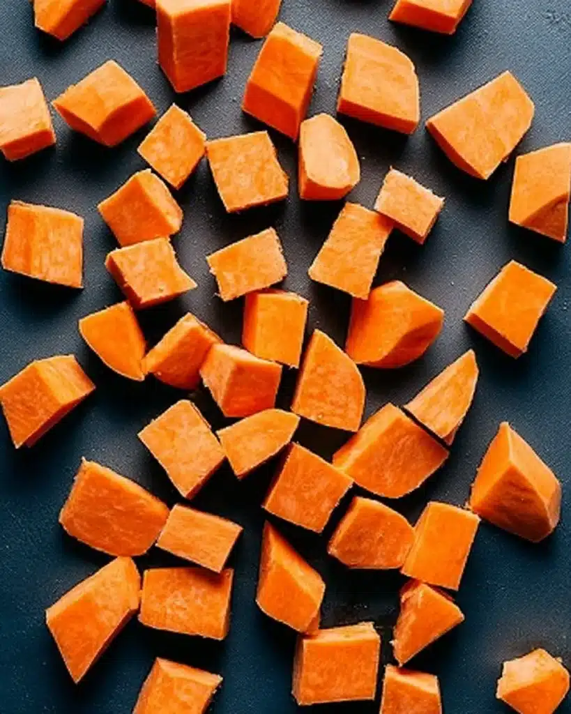 Cubed raw sweet potatoes on a dark matte surface before roasting