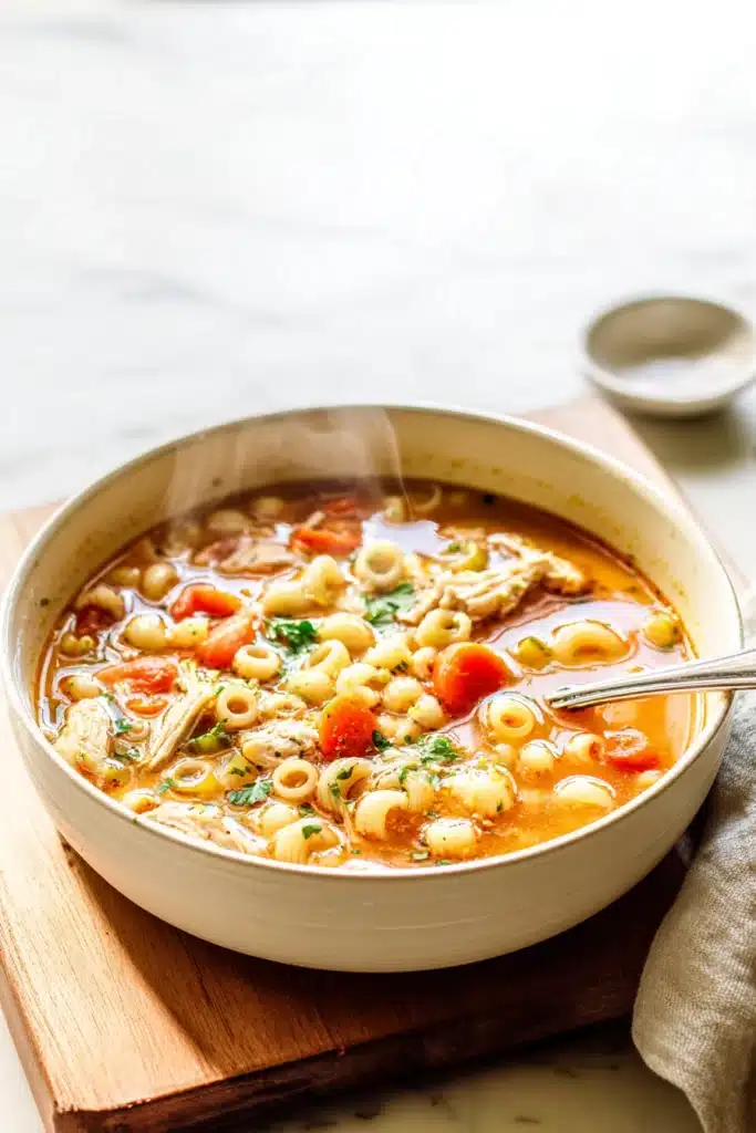 Sicilian Chicken Soup 1 Hearty Sicilian chicken soup with pasta, carrots, and celery in a white bowl