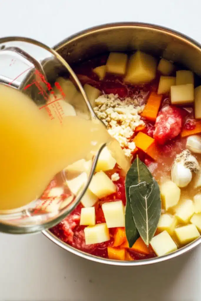 Sicilian Chicken Soup 2 Pouring chicken broth over vegetables in a pot for Sicilian chicken soup