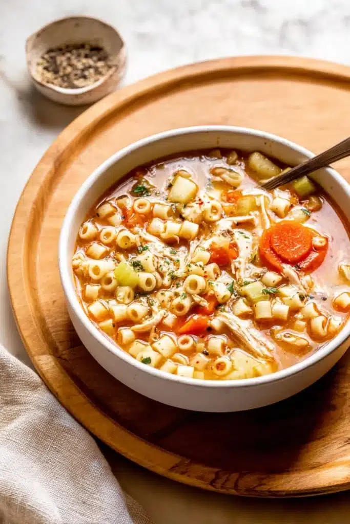 Sicilian Chicken Soup 3 Bowl of Sicilian chicken soup with ditalini pasta, chicken, and vegetables