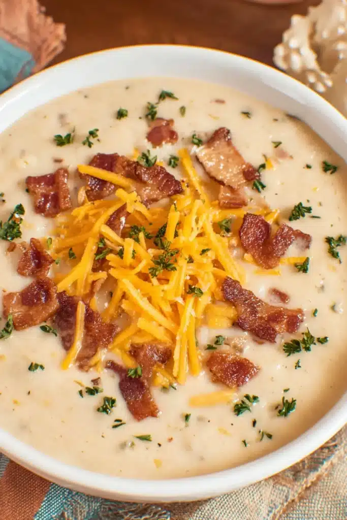 Slow Cooker Crack Potato Soup 2 Creamy Slow Cooker Crack Potato Soup topped with bacon and cheddar