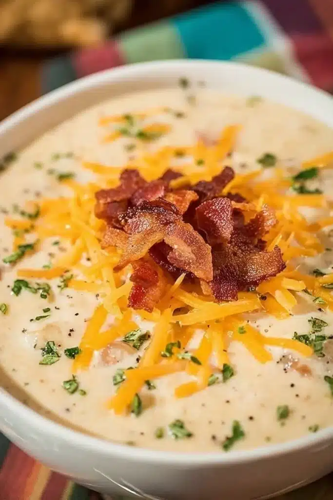 Slow Cooker Crack Potato Soup 1 Creamy potato soup with bacon and cheddar in a white bowl