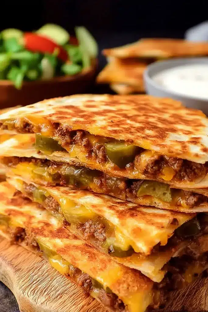 Smashburger Quesadillas 1 Stacked Smashburger quesadillas with melted cheese and beef on a wooden board