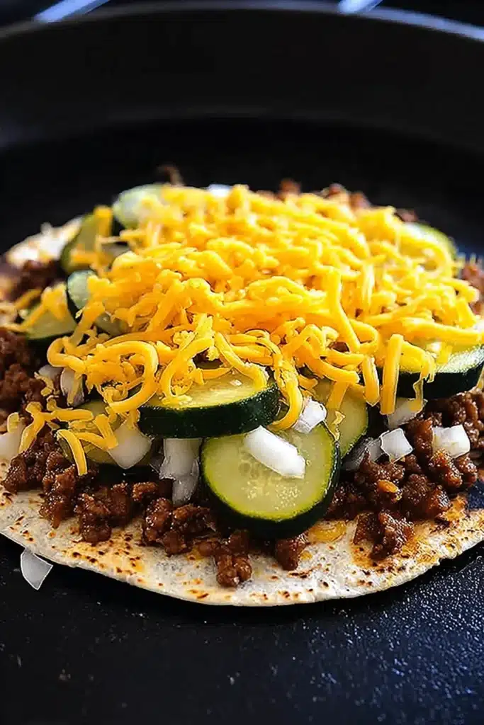 Smashburger Quesadillas 3 Smashburger quesadilla topped with beef, pickles, onions, and shredded cheese on skillet