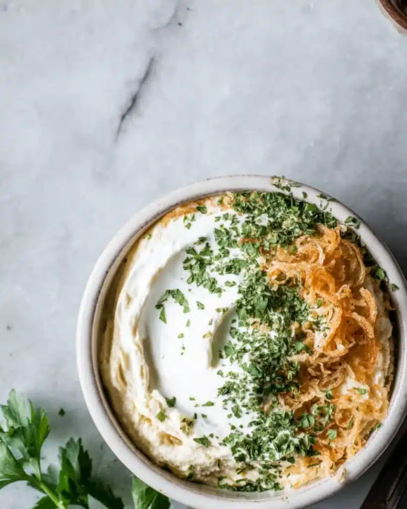 Sour Cream and Onion Dip 2 Creamy sour cream and onion dip topped with herbs and toasted onions
