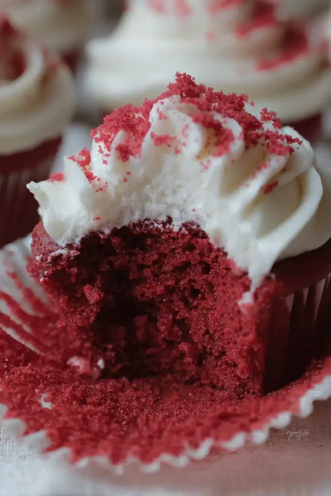 Close-up of bitten sourdough red velvet cupcake with creamy frosting