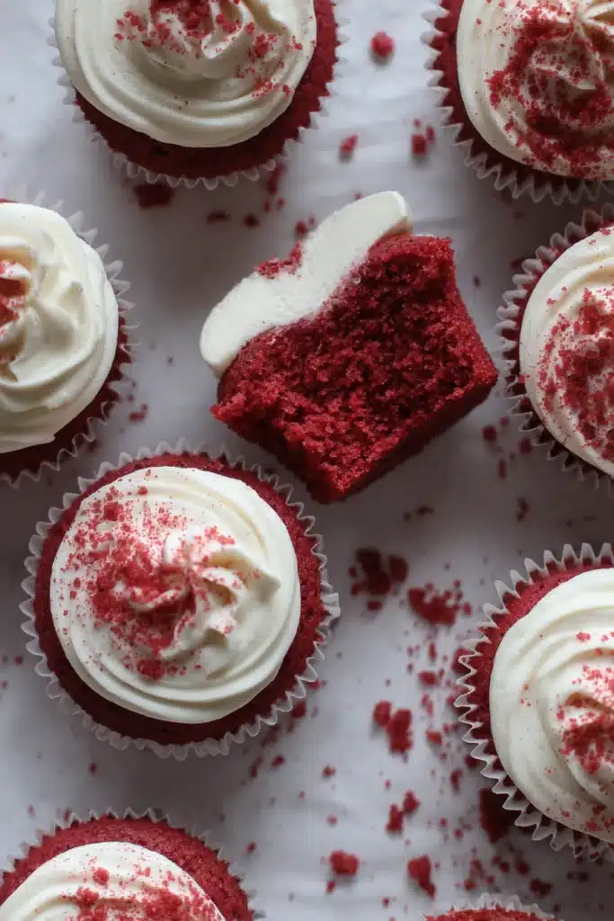 Red velvet sourdough cupcakes with frosting and red crumbs top view