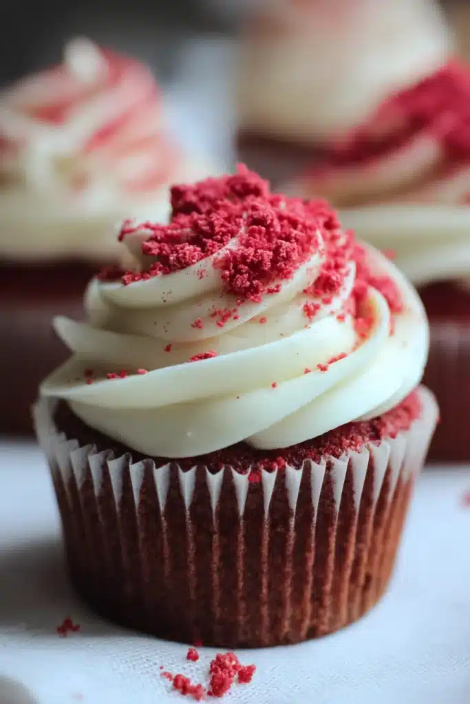Red velvet cupcake with creamy frosting and red crumbs for Valentine’s Day