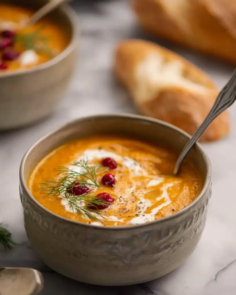 Creamy spiced carrot and sweet potato soup with cream swirl, dill, and cranberries