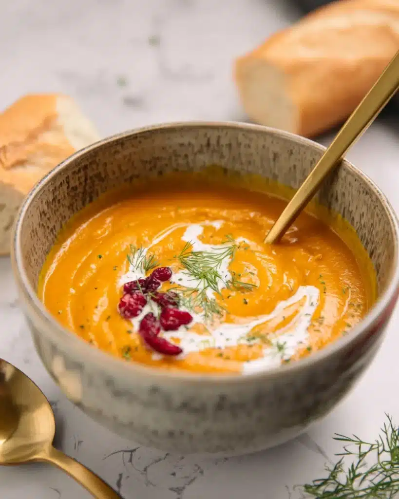 Creamy spiced carrot and sweet potato soup with cream swirl and herbs in a rustic bowl