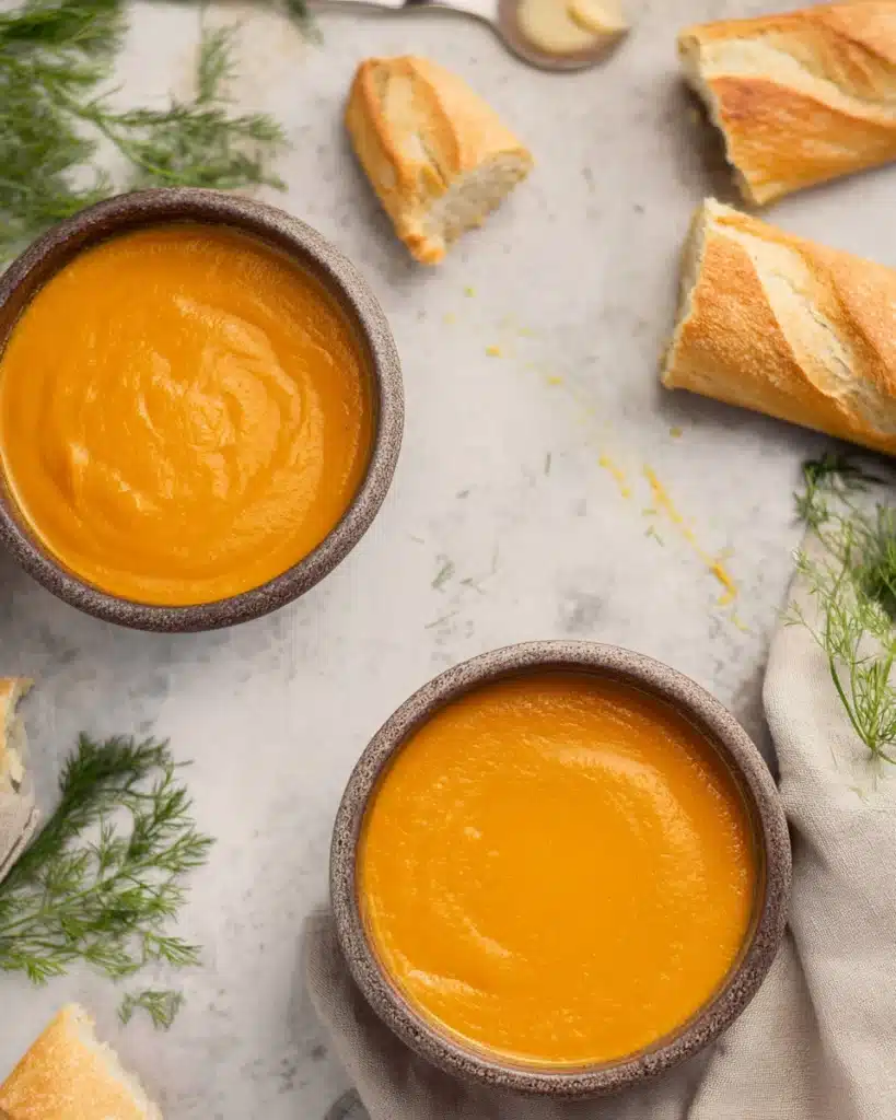 Smooth spiced carrot and sweet potato soup in bowls with bread and dill