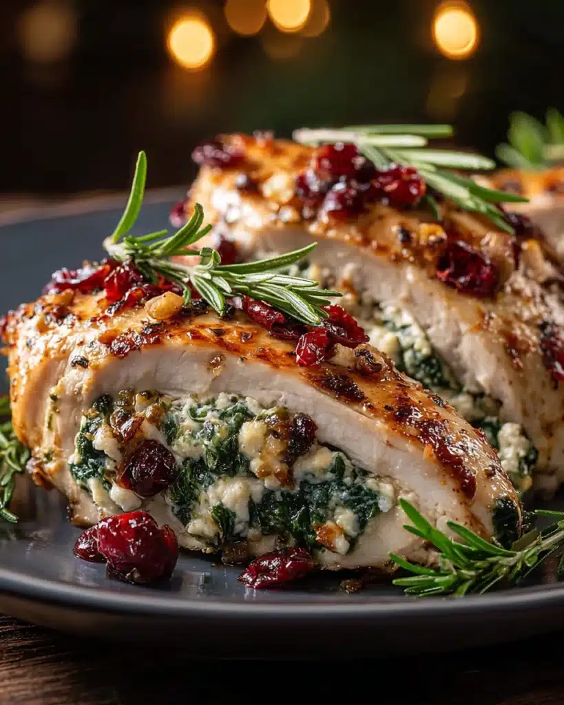 Juicy spinach and cranberry stuffed chicken breast with creamy filling and rosemary garnish