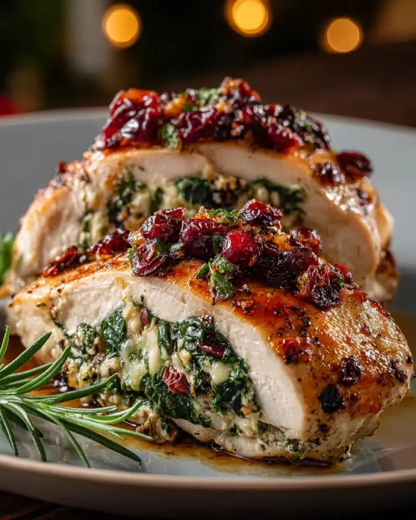 Sliced spinach and cranberry stuffed chicken breast with creamy filling and rosemary