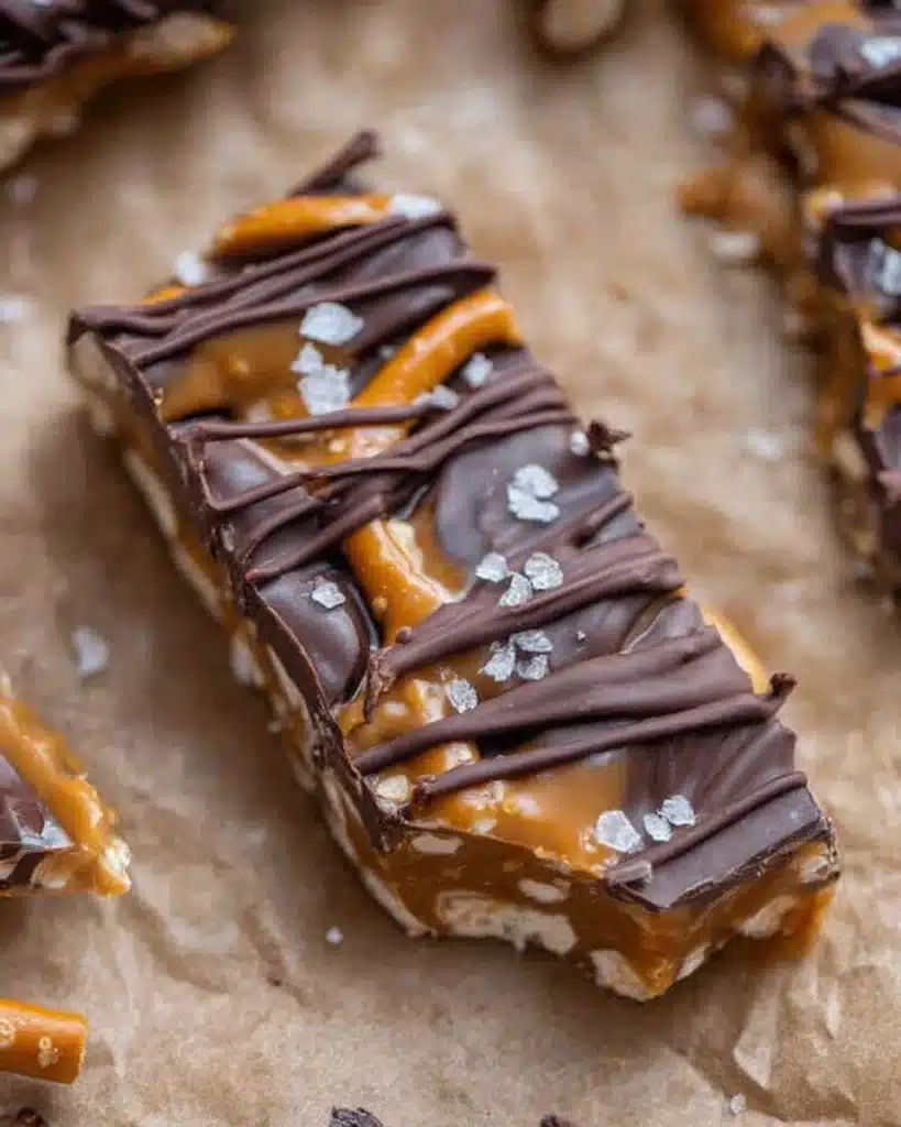 The Best Salted Caramel Pretzel Bark 4 Close-up of cut salted caramel pretzel bark with chocolate drizzle and sea salt