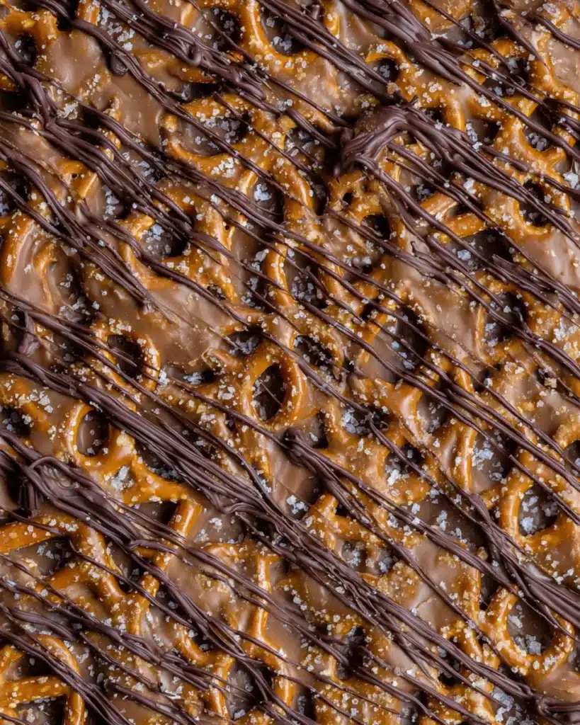 The Best Salted Caramel Pretzel Bark 3 Salted caramel pretzel bark topped with chocolate drizzle and sea salt
