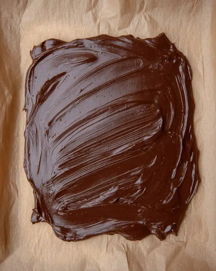 The Best Salted Caramel Pretzel Bark 2 Melted chocolate spread on parchment for The Best Salted Caramel Pretzel Bark