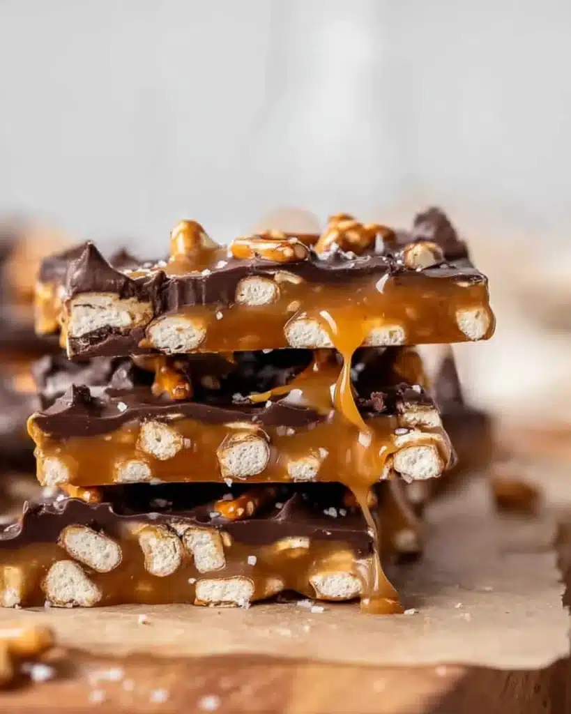 The Best Salted Caramel Pretzel Bark 1 Close-up of homemade salted caramel pretzel bark showing glossy chocolate, chewy caramel, and crispy pretzels — the perfect sweet-and-salty holiday treat.