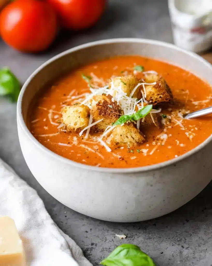 Tomato Basil Soup (Roasted Fresh Tomato Recipe) 4 Creamy tomato basil soup topped with croutons and parmesan