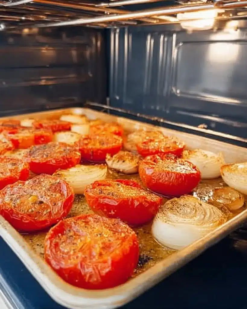 Tomato Basil Soup (Roasted Fresh Tomato Recipe) 2 Roasted tomatoes and onions on baking sheet in oven
