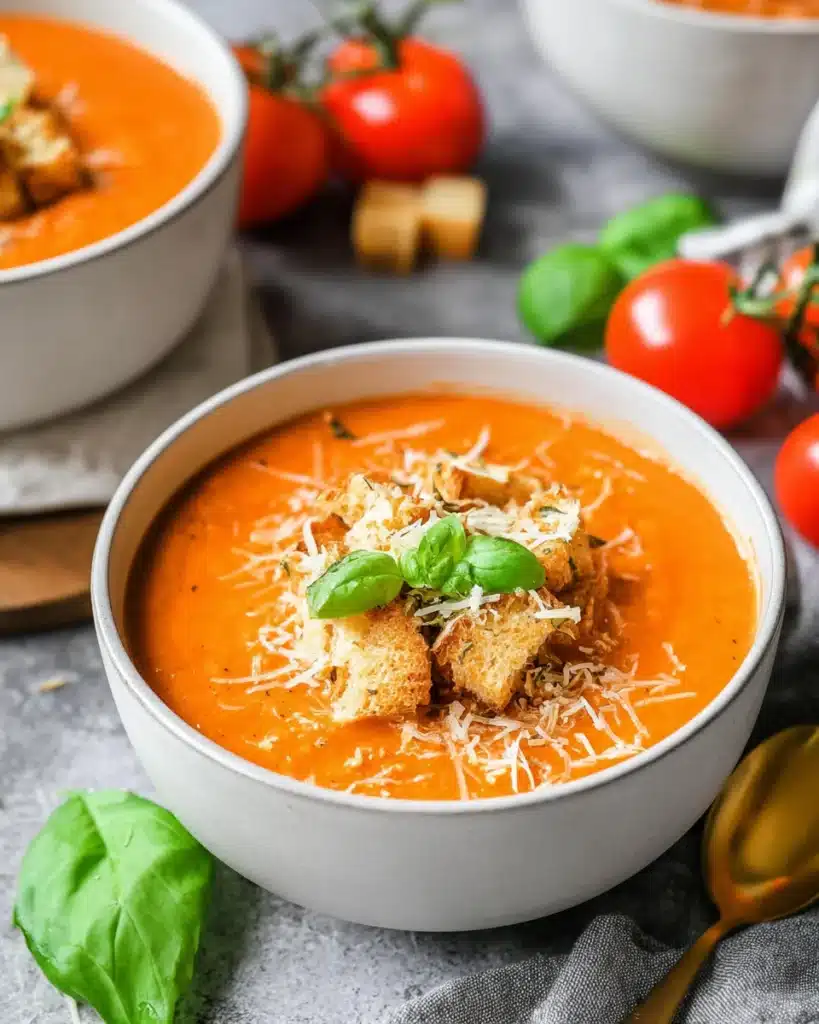 Tomato Basil Soup (Roasted Fresh Tomato Recipe) 1 Creamy tomato basil soup with croutons and parmesan in a white bowl