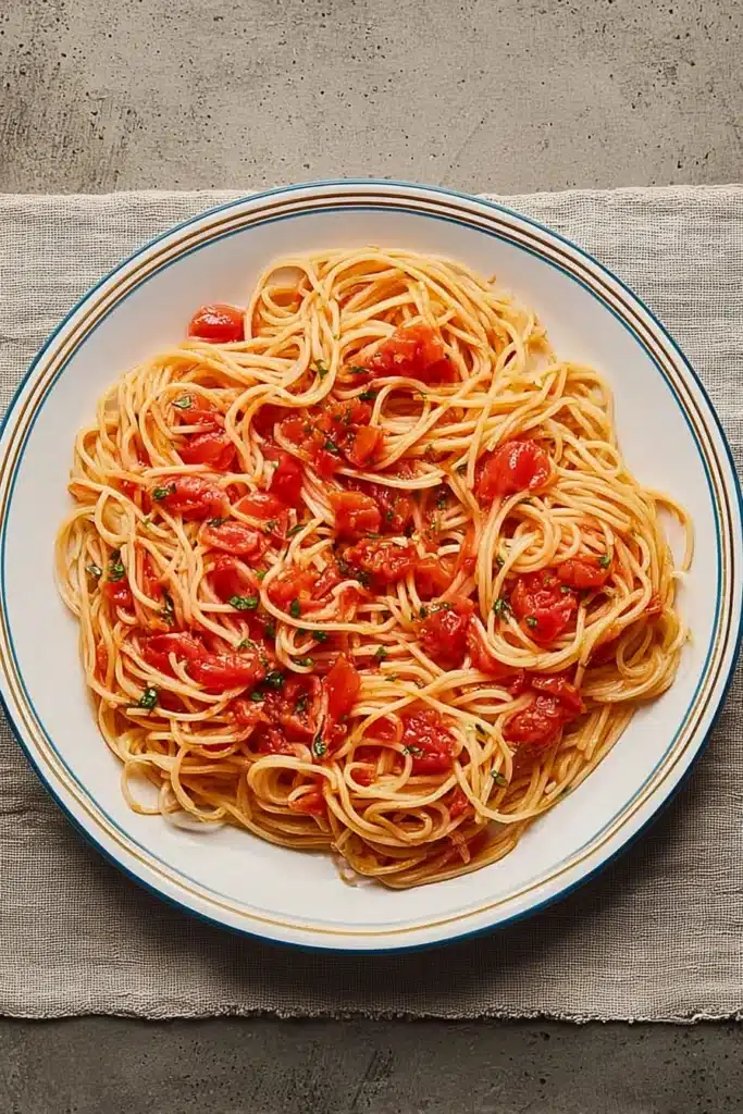 Tomato and Garlic Pasta 1 Fresh tomato and garlic pasta on a white plate with basil and olive oil
