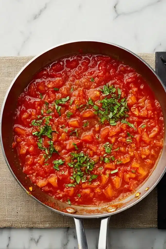 Tomato and Garlic Pasta 3 Tomato and garlic sauce simmering in a skillet with basil