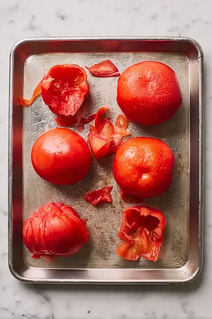 Tomato and Garlic Pasta 2 Blanched tomatoes with skins peeled on a baking tray for tomato and garlic pasta