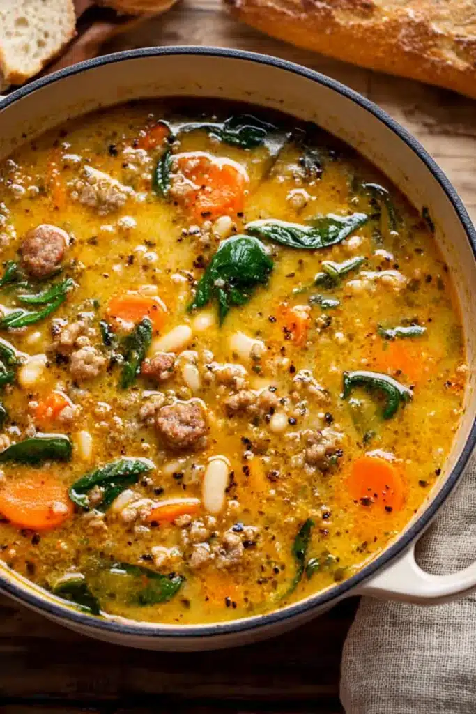 Tuscan white bean soup with sausage, carrots, and spinach in a creamy golden broth