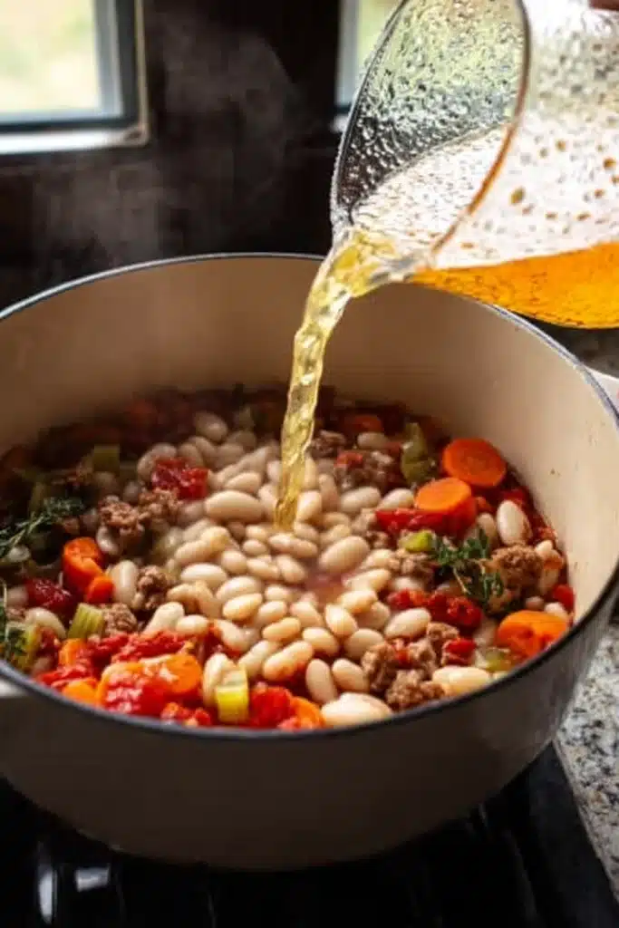 Pouring chicken broth over beans and sausage for Tuscan white bean soup