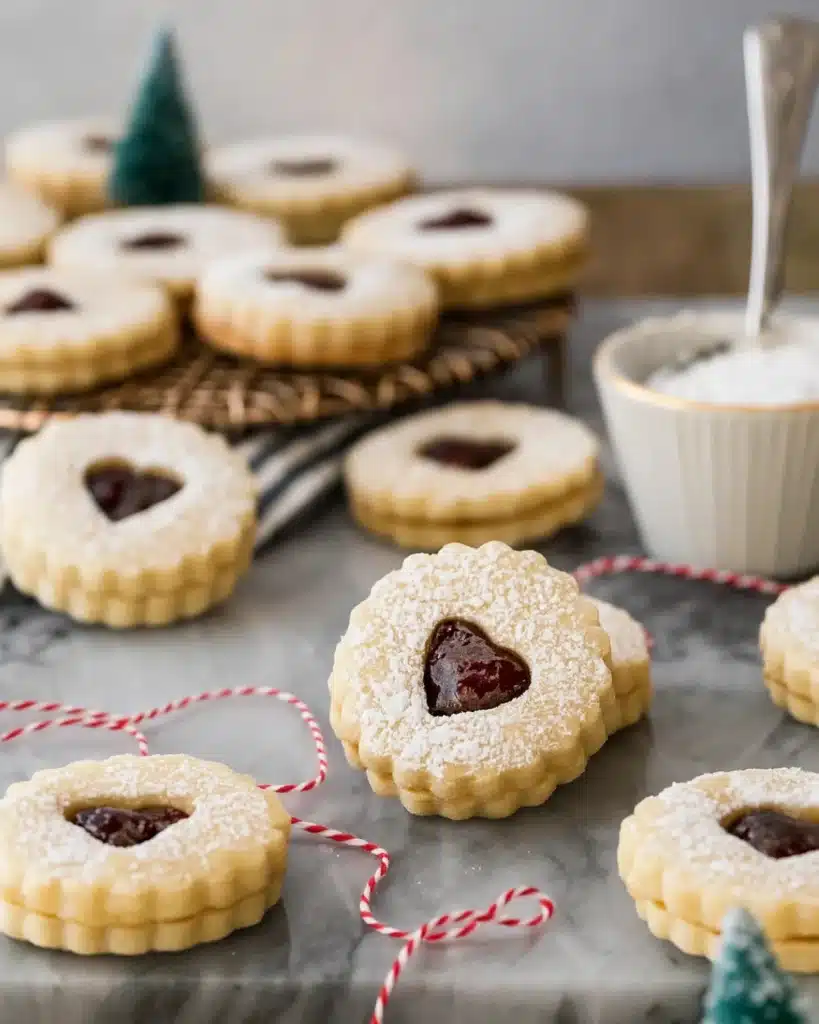 Linzer cookies with heart-shaped jam centers dusted with powdered sugar on a wooden surface