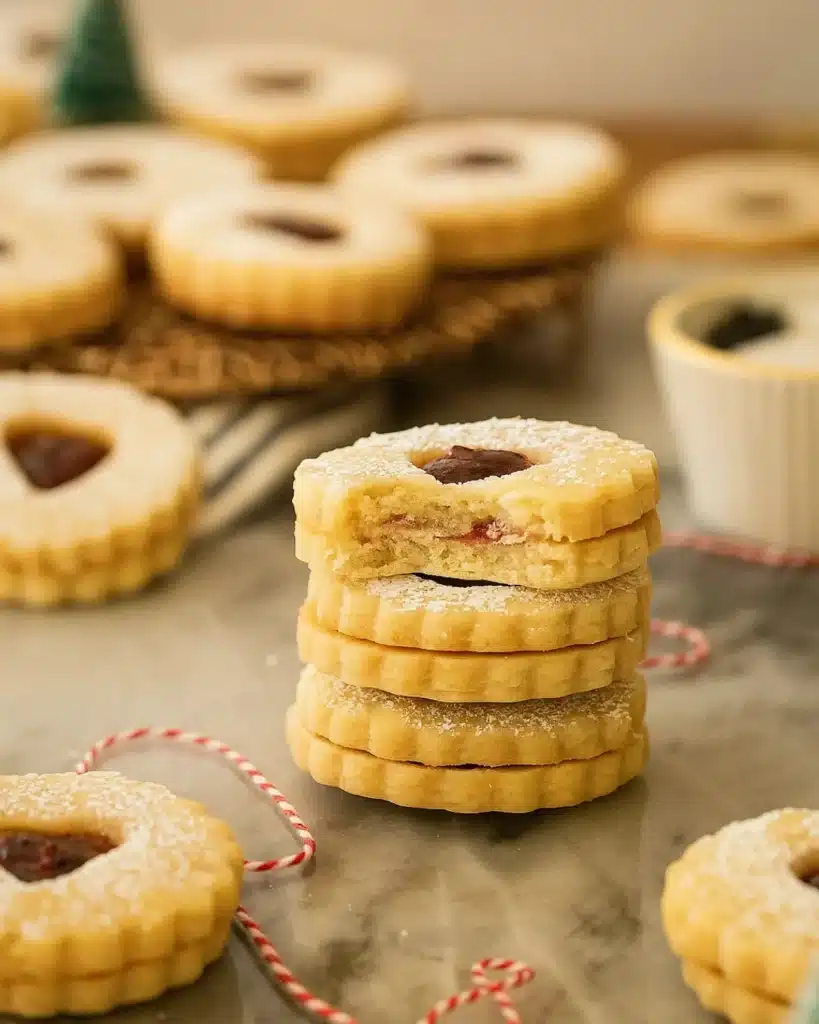 Stack of Linzer cookies with jam filling and powdered sugar on a marble surface