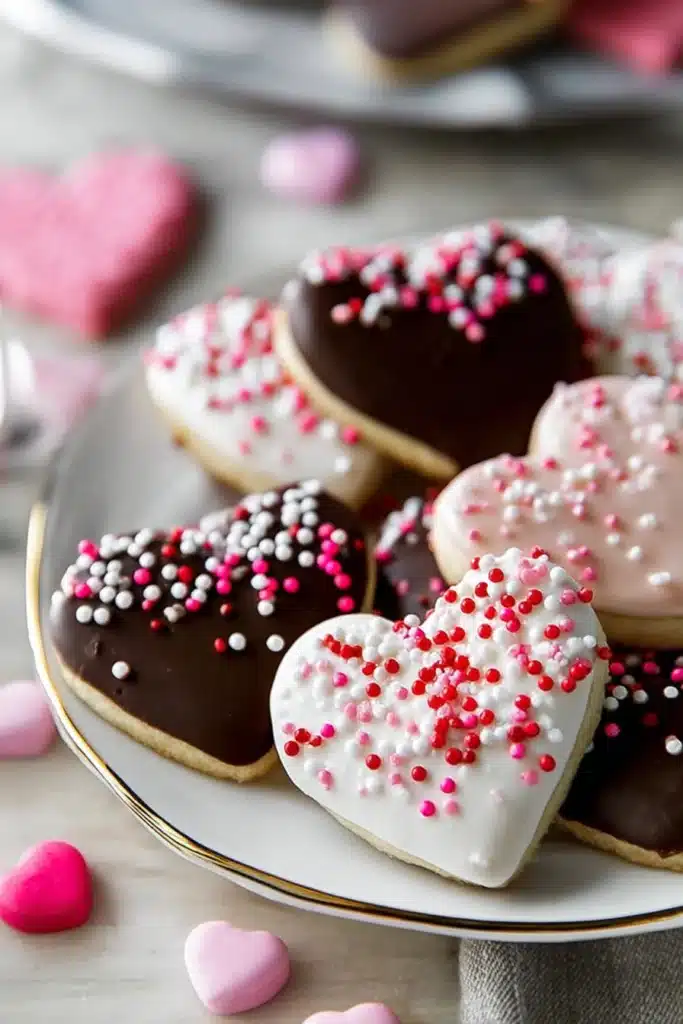 Heart-shaped Valentine cookies with chocolate and white icing topped with pink sprinkles