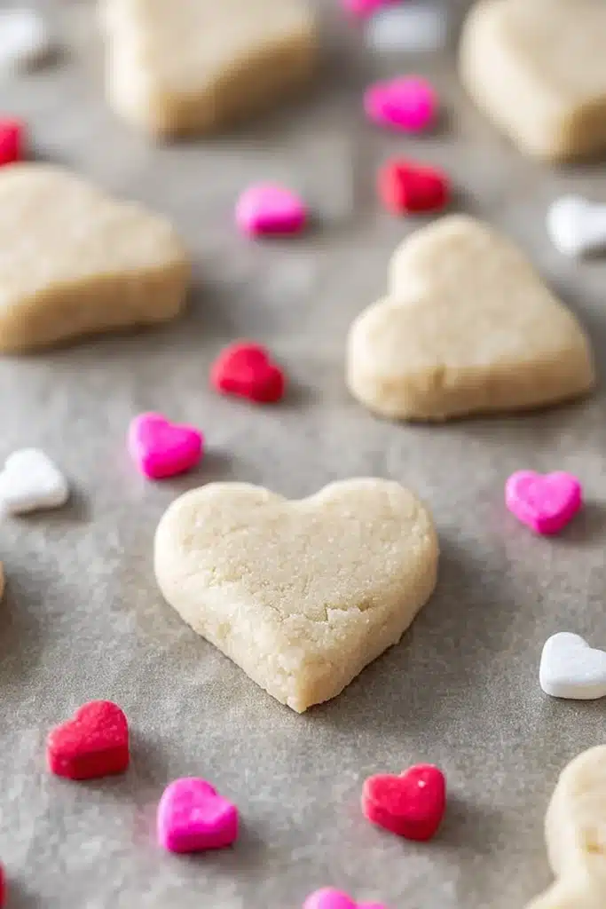 Heart-shaped Valentine cookie dough on parchment paper with candy hearts
