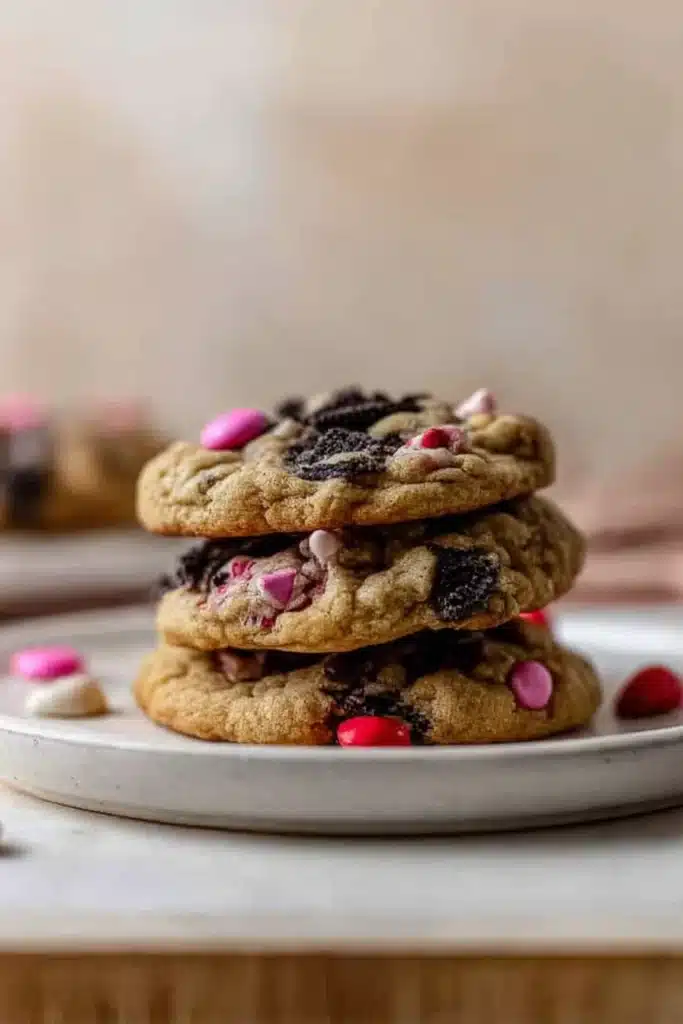 Stack of Valentines Day Oreo mms cookies with pink and red candies on a white plate