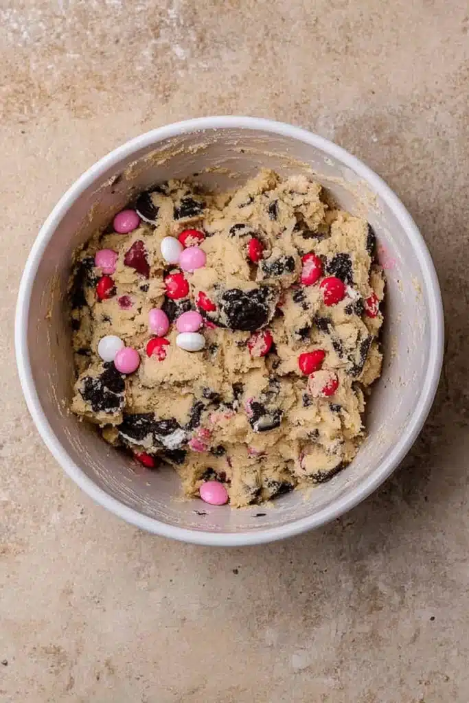 Valentines Day Oreo mms cookie dough in white bowl on stone surface
