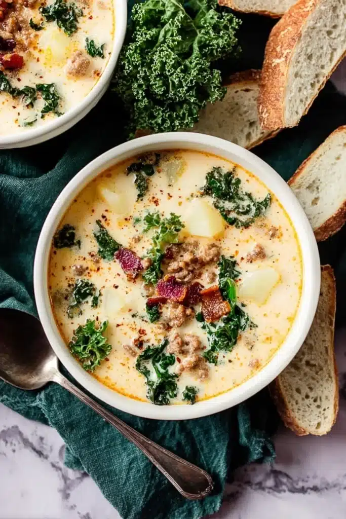 Creamy Zuppa Toscana soup with sausage, kale, and potatoes in a white bowl