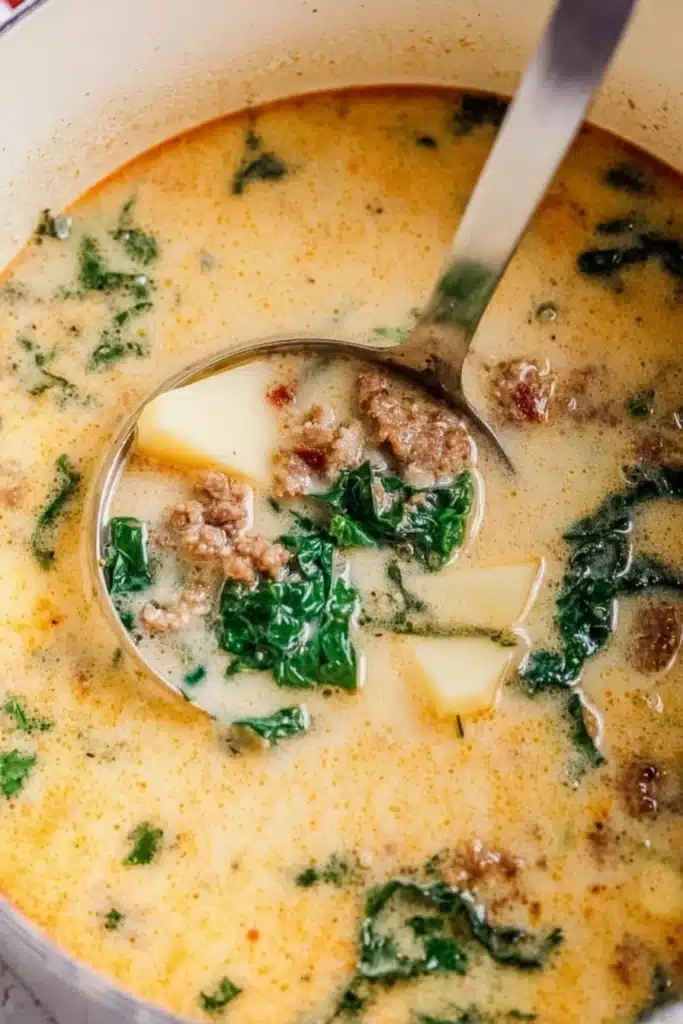 Creamy Zuppa Toscana soup in a pot with sausage, kale, and potatoes